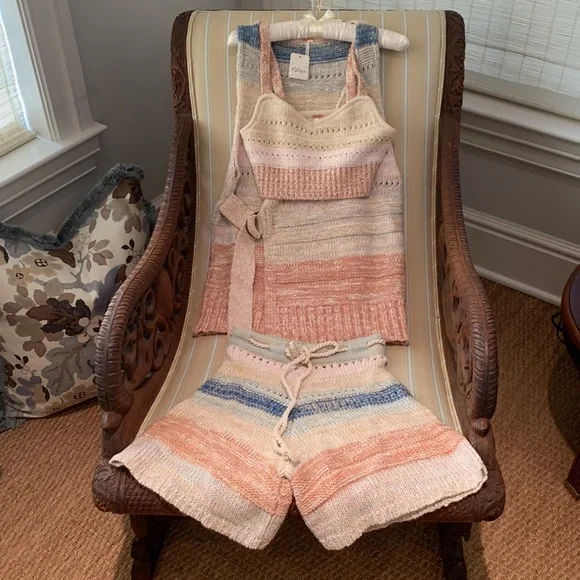 FREE PEOPLE SOUTHWEST SWEATER SET COTTON CROCHET KNIT IN SUNSET COMBO SIZE L - Picture 7 of 16